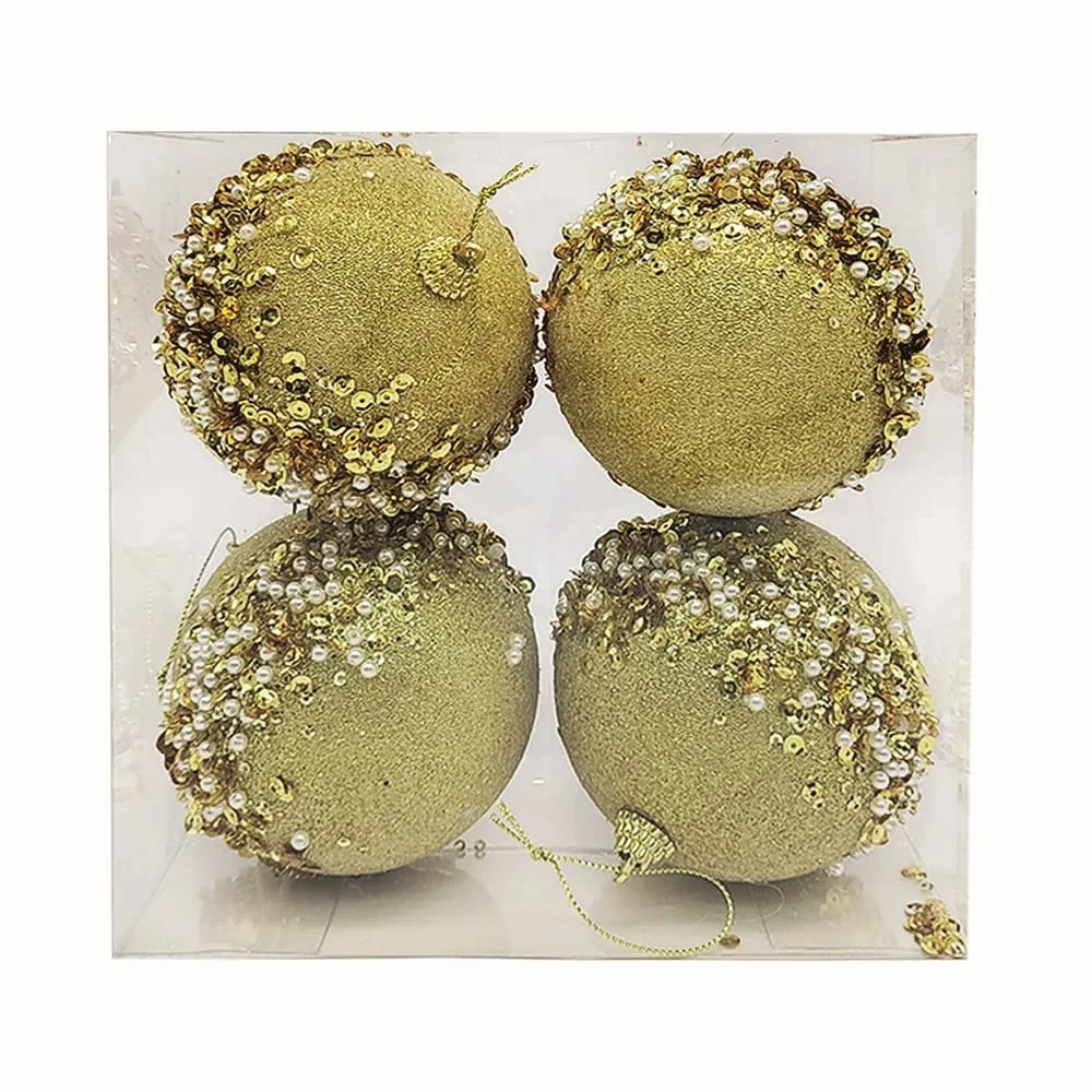 Kit 4 Bolas de Natal 10cm com Glitter Pérolas e Paetês Vermelha Dourada ou Champanhe - Image 3