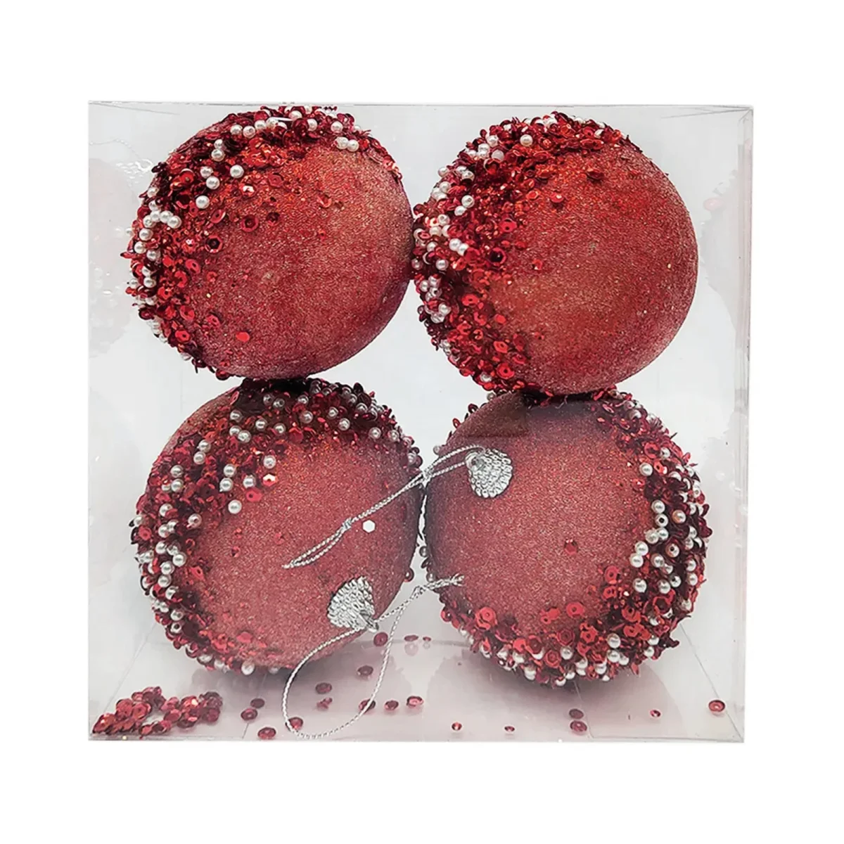 Kit 4 Bolas de Natal 10cm com Glitter Pérolas e Paetês Vermelha Dourada ou Champanhe - Image 4
