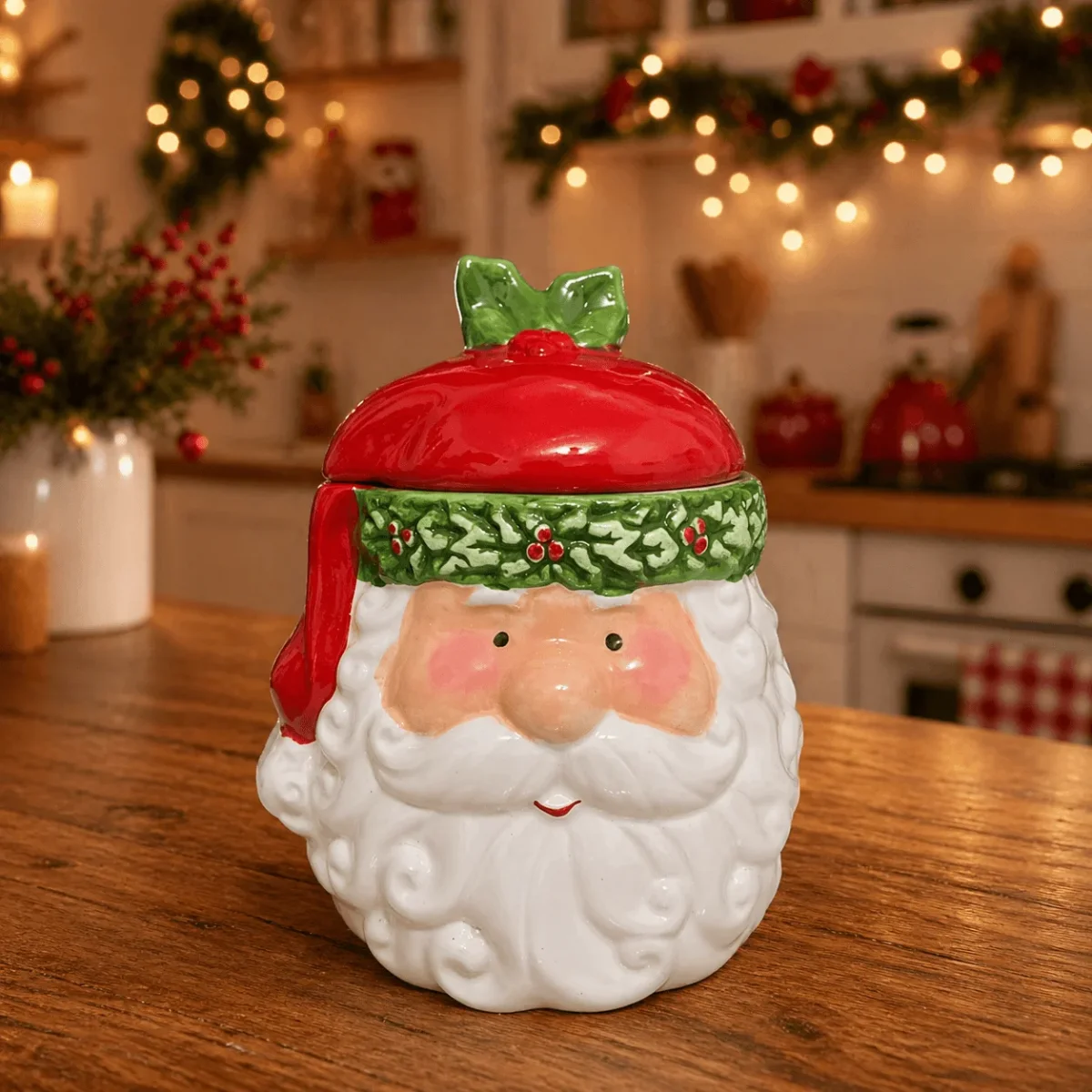 Pote Papai Noel Decorativo Natal Cerâmica com Tampa
