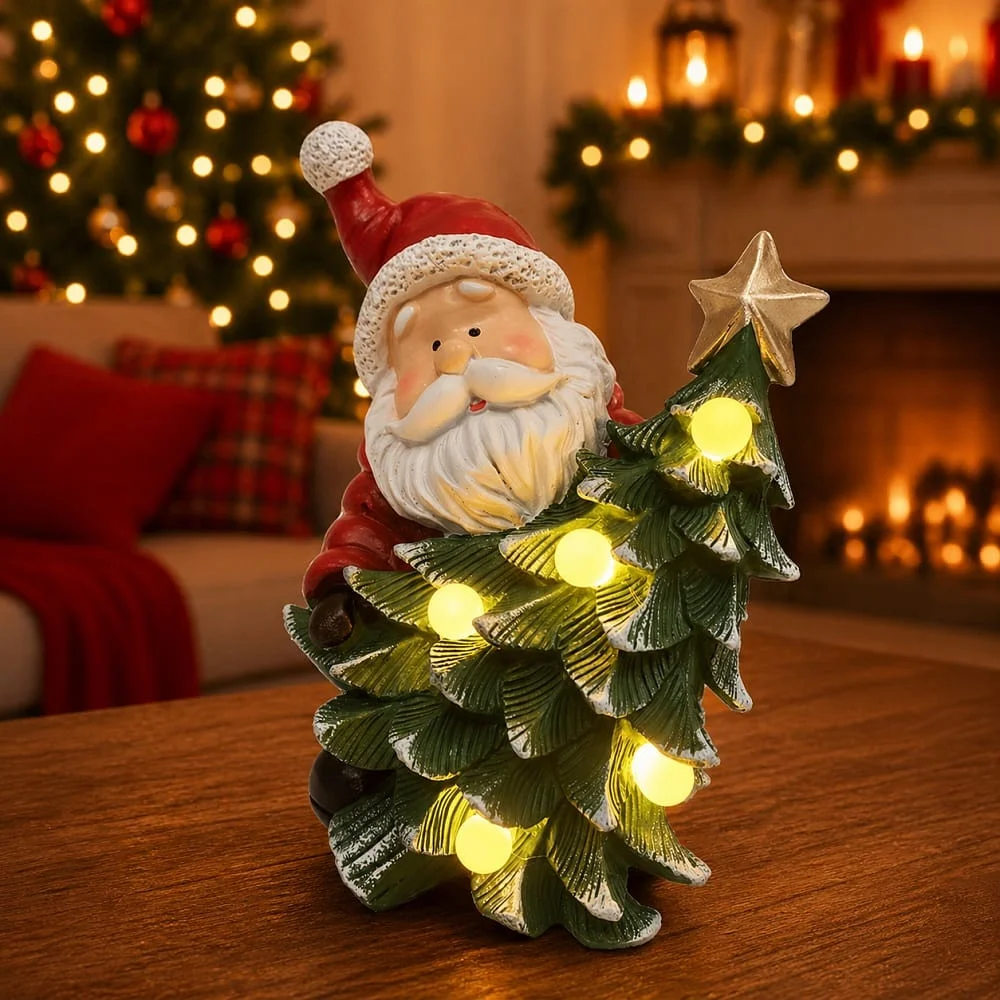 Papai Noel Decorativo Natal com Árvore Iluminada LED Resina