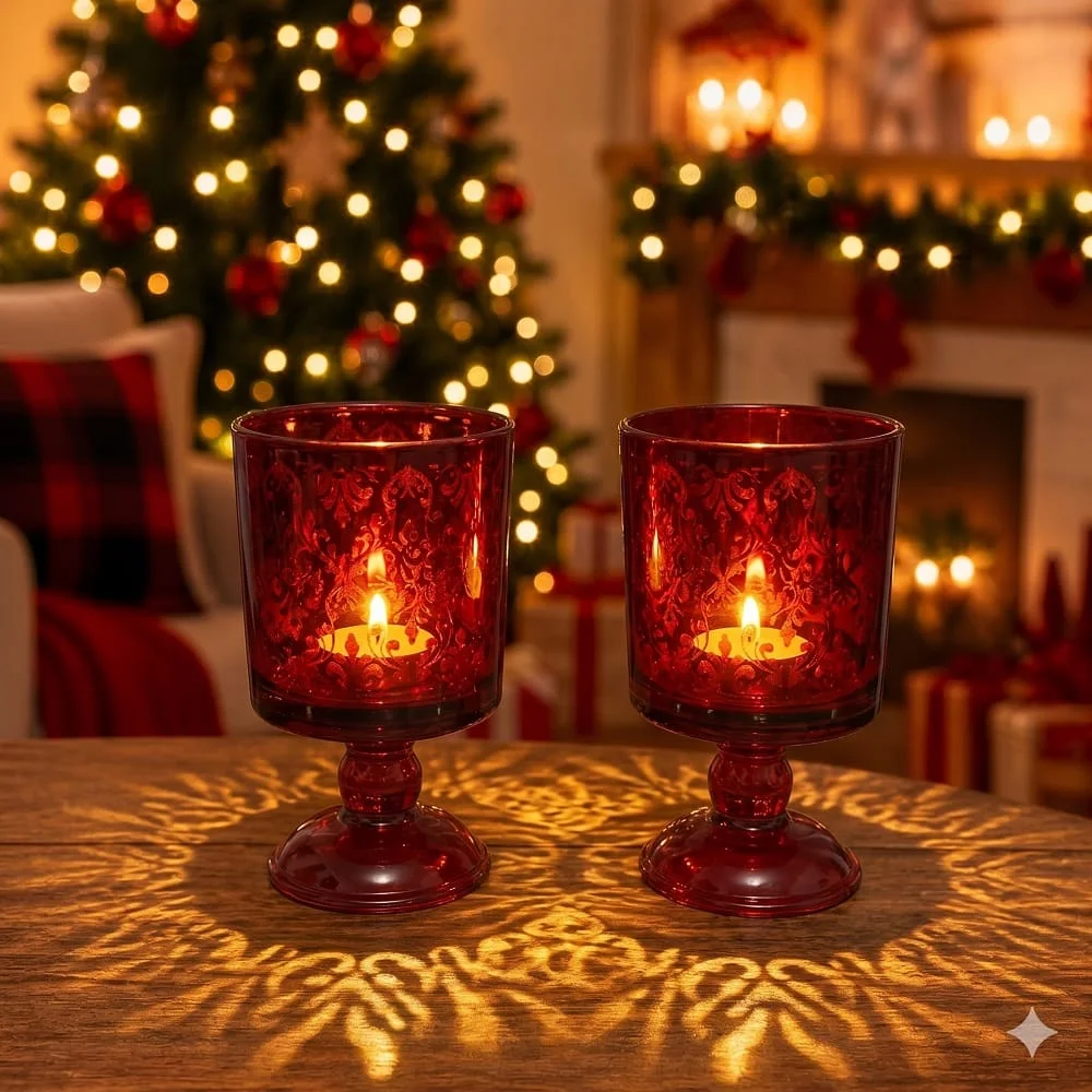 Kit com 2 Castiçais de Vidro Decorativos Vermelho Arabesco Grande