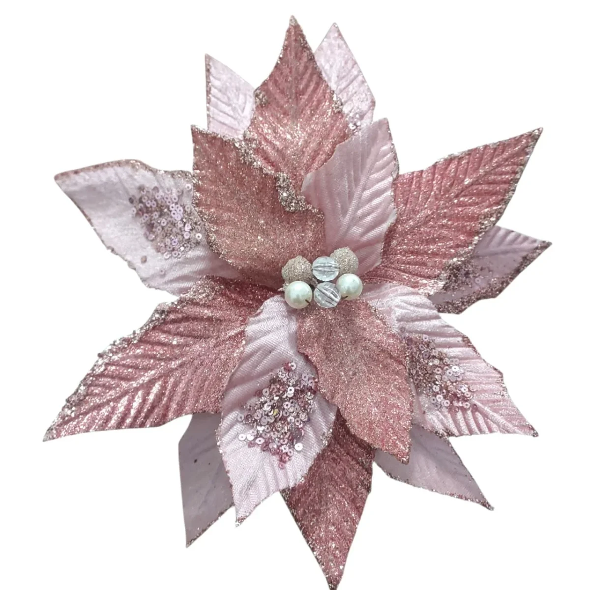 Flor de Natal Rosa Rose Gold Poinsétia Luxo em Veludo e Glitter para Árvore de Natal