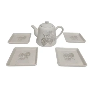 Conjunto de Cerâmica Off White com Bule e 4 Pratinhos Pinha Verde Oliva para Cantinho do Café