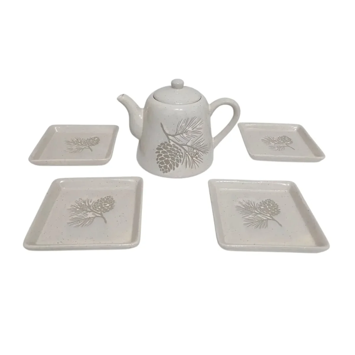 Conjunto de Cerâmica Off White com Bule e 4 Pratinhos Pinha Verde Oliva para Cantinho do Café