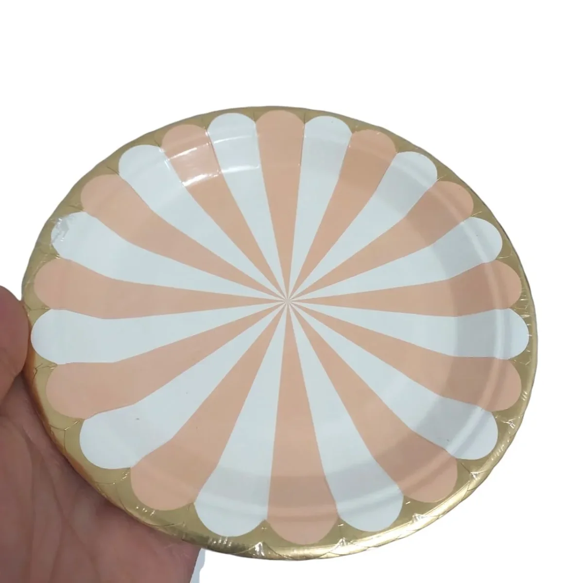 Kit 10 Pratos de Papel Rosa e Branco com Borda Dourada 18x18cm para Festa Elegante
