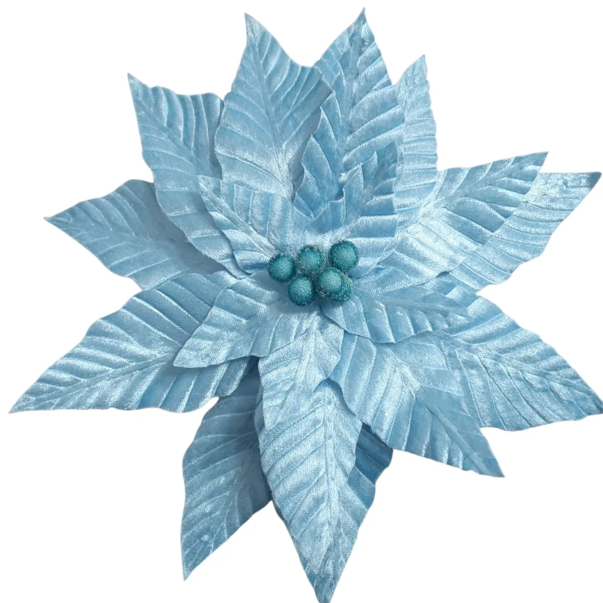 Flor de Natal Azul Poinsétia Luxo em Veludo e Glitter para Árvore de Natal