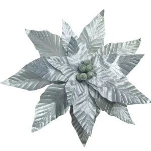 Flor de Natal Poinsétia Glitter Luxo Veludo Prata Nevada Branco para Árvore de Natal