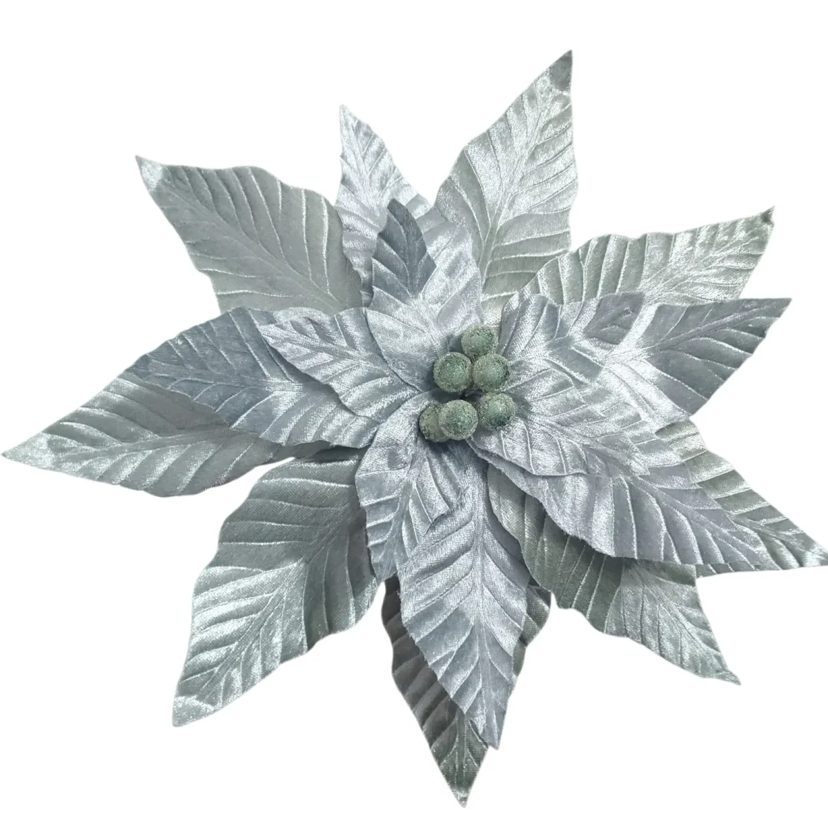 Flor de Natal Poinsétia Glitter Luxo Veludo Prata Nevada Branco para Árvore de Natal